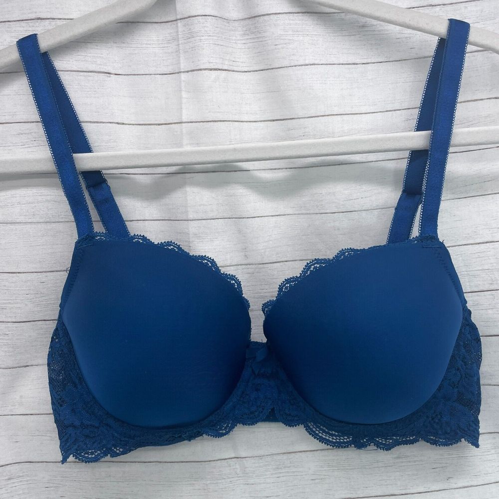 Victorias Secret Sz 32DD Dream Angels Lined Demi Bra Blue Lace Adjustable Straps